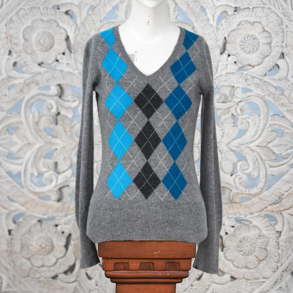 Vintage APT.9 Gray 100% Cashmere Argyle V-Neck Sweater Women’s S